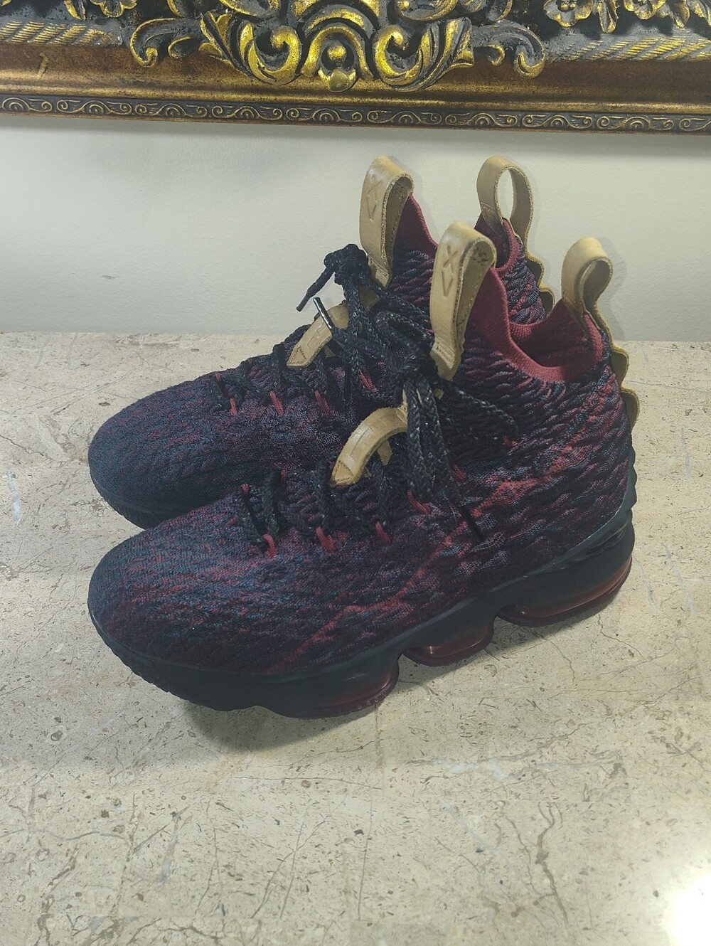 Nike LeBron 15 New Height's Kids High-Top Sneakers Black and Burgundy with Tan